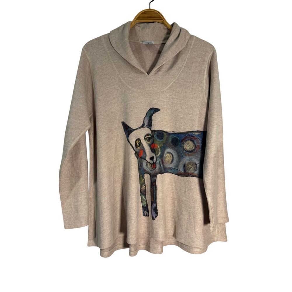 Women’s Beige Hooded Pullover Tunic with Artistic Dog Motif